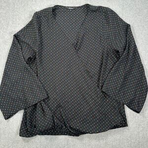 Andree by Unit Polka Dot Faux Wrap Blouse Women's 1X Black Long Flare Sleeve